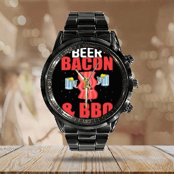 Discover Beer Bacon BBQ 2Funny Pork Pig Meat BBQ Grilling Bacon Calendar Steel Band Watch