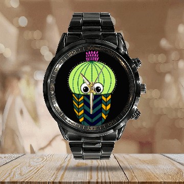 Discover Cute Barrel Cactus In Patterned Pot Calendar Steel Band Watch