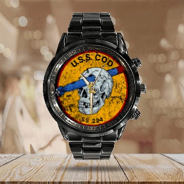 Discover USS COD Submarine Navy WWII Skull Logo Calendar Steel Band Watch