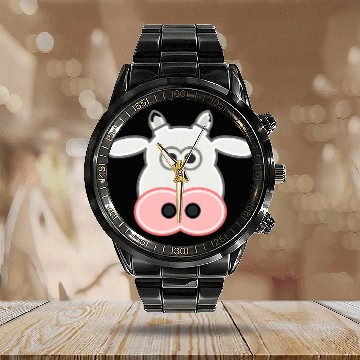 Discover Cow Lover Cute Cow Animal Face Zip Calendar Steel Band Watch