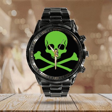 Discover Green Skull and Crossbones Pirate Calendar Steel Band Watch