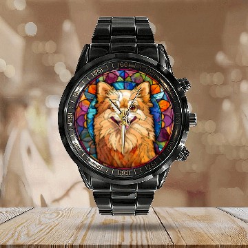 Discover German Spitz Dog Stained Glass Leadlight Artistic Design Zip Calendar Steel Band Watch