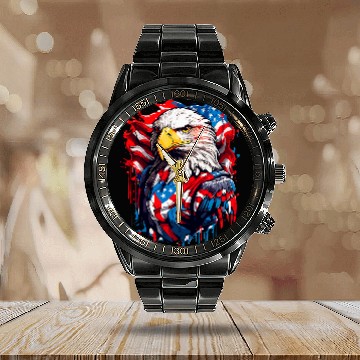 Discover USA Flag Bald Eagle American Flag 1 Calendar Steel Band Watch