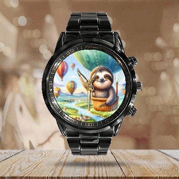 Discover Sloth Pet Piloting A Balloon Sky Landscape Adventure Baseball Tees Calendar Steel Band Watch