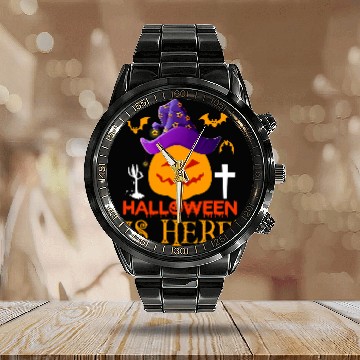 Discover Halloween Is Here Orange Pumpkin With Purple Pirate Hat Calendar Steel Band Watch