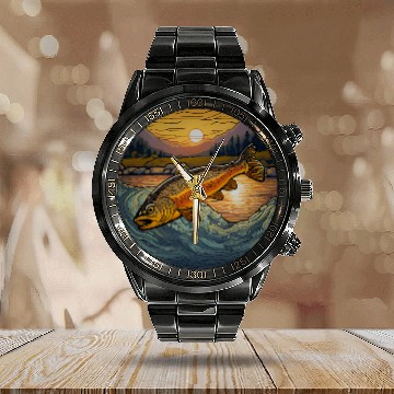 Discover Mountain Sunset Brook Trout Nature for a fisherman Calendar Steel Band Watch