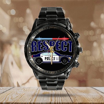 Discover Respect The Police Car Lights Law enforcement support Zip Calendar Steel Band Watch