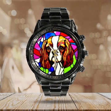 Discover Cavalier King Charles Spaniel Stained Glass Pop Art 7 Zip Calendar Steel Band Watch