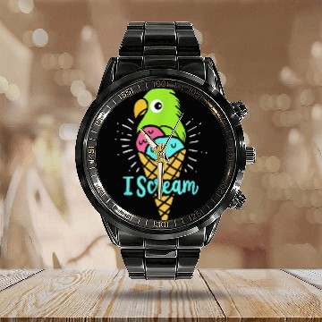 Discover I Scream Ice Cream 2Parrot Bird Nerd 2Cockatiel Calendar Steel Band Watch