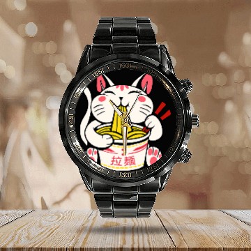 Discover Cute Funny Cat Eating Ramen Noodles Calendar Steel Band Watch