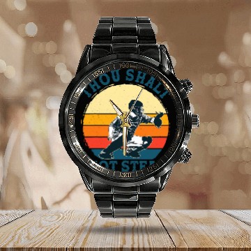Discover Baseball Catcher Thou Shalt Not Steal Religious Retro Calendar Steel Band Watch