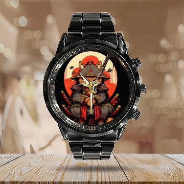 Discover Retro Japanese Cat Samurai tattoo graphic Ninja Kawaii Calendar Steel Band Watch