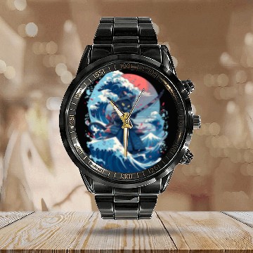 Discover Retro Japanese Cat Samurai tattoo graphic Ninja Kawaii 1 Baseball Tees Calendar Steel Band Watch