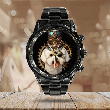 Discover Victorian Steampunk Bichon Frise Calendar Steel Band Watch