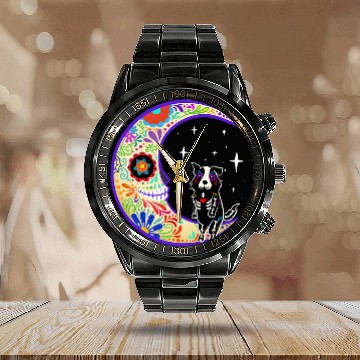 Discover Skeletons Skulls Sheltie Dia de Los Muertos Skull Calendar Steel Band Watch