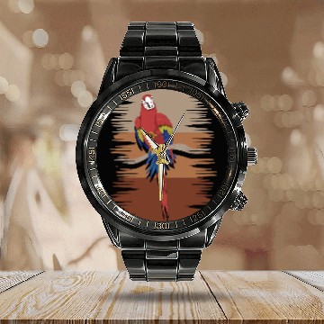Discover Jungle Animal Exotic Bird Watching Macaw Parrot Zip Calendar Steel Band Watch