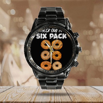 Discover Check Out My Six Pack Bagels Bread Fitness Baking Distressed Calendar Steel Band Watch