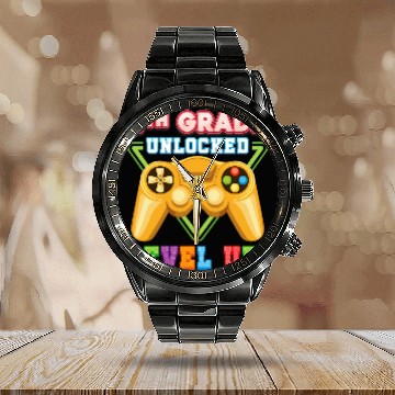 Discover 4th grade unlocked level up fourth gamer kid student teacher Calendar Steel Band Watch