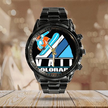 Discover Skiing Ski Vail Colorado vintages Snowboarder Zip Calendar Steel Band Watch