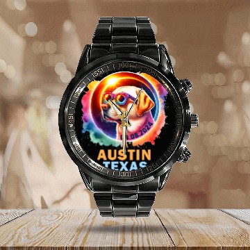 Discover Austin Texas Total Solar Eclipse 2024 Labrador Retriever Dog Calendar Steel Band Watch