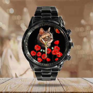 Discover Cat Kitten Butterfly Poppies Flower Spring Lover Zip Calendar Steel Band Watch