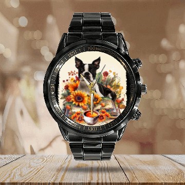 Discover Boston Terrier Reading Books Sunflowers With Coffee Lover Zip Calendar Steel Band Watch
