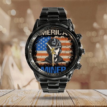Discover American Coal Miner Patriotic USA Flag Underground Mining 2 Calendar Steel Band Watch