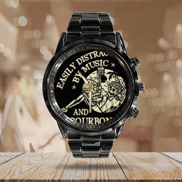 Discover Easily Distracted By Music And Bourbon Skeleton Calendar Steel Band Watch