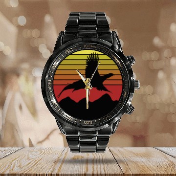 Discover Retro vintages Pheasant Hunting Upland Bird Hunting Calendar Steel Band Watch