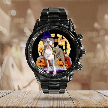 Discover Cute American Pit Bull Terrier Halloween Witch Pumpkin Calendar Steel Band Watch