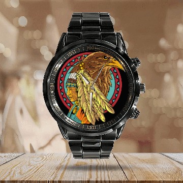Discover Eagle Native American Indian Pride Zip Calendar Steel Band Watch
