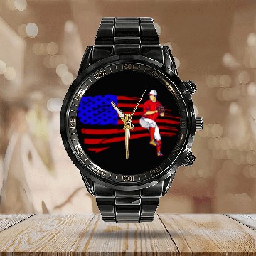Discover Baseball Pitcher American Flag USA Flag Baseball Calendar Steel Band Watch