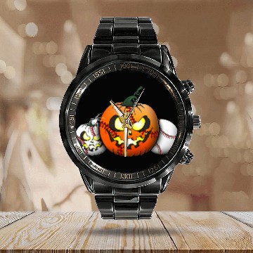 Discover Funny Baseball Player Horror Pumpkin Baseball Halloween Calendar Steel Band Watch