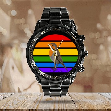 Discover Robin Bird Art Rainbow Birdlover Birdwatcher Animal Zip Calendar Steel Band Watch