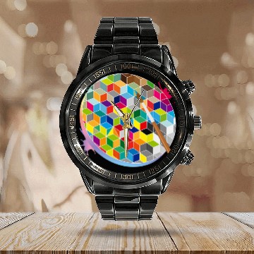 Discover Geometric colours artist palette with brush Calendar Steel Band Watch
