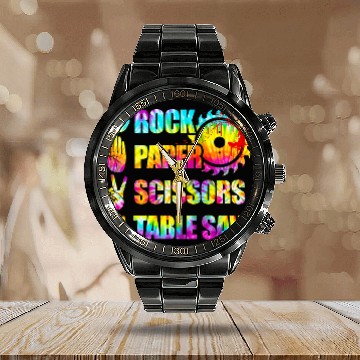 Discover Woodworking Rock Paper Scissors Table Saw Tie Dye Funny Carpenter Calendar Steel Band Watch