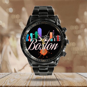 Discover Boston Skyline Colorful Art Baseball Tees Calendar Steel Band Watch