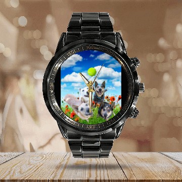 Discover Blue Red White Heeler Cattle Dogs Playing Ball Calendar Steel Band Watch