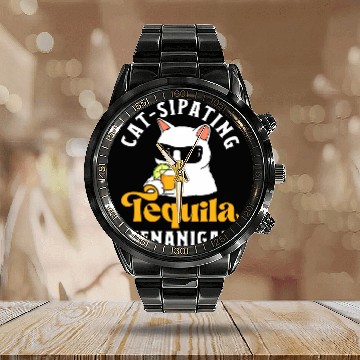 Discover Funny Tequila Drinking Cat Lover Salt Lime Bartender Drink 28 Calendar Steel Band Watch