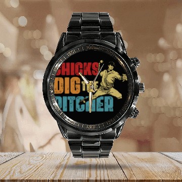 Discover Baseball Pitcher Funny Chick Dig The Pitcher Softball Player Calendar Steel Band Watch
