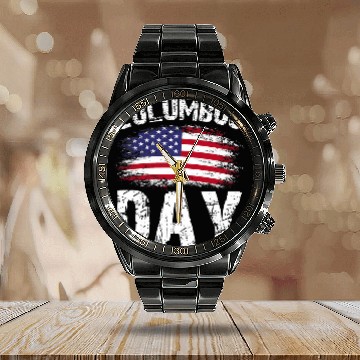Discover Happy Columbus Day Native American US Flag Baseball Tees Calendar Steel Band Watch