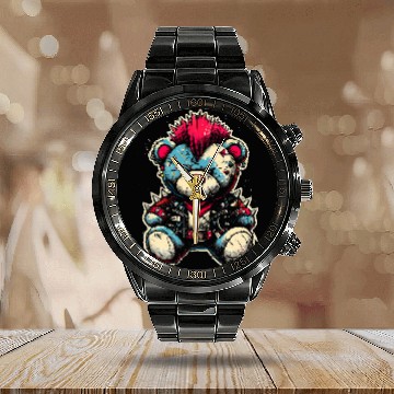 Discover Cute Rocker Teddy Bear Rock Music Calendar Steel Band Watch