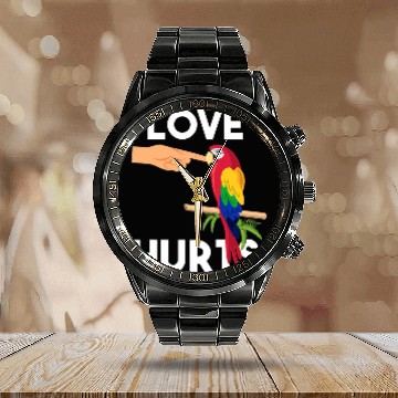 Discover Love Hurts Macaw Parrot Bite Funny Bird Lover Gifts Baseball Tees Calendar Steel Band Watch