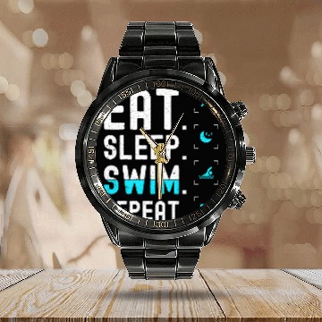 Discover Swimming Pool Eat Sleep Swim Repeat 2 Baseball Tees Calendar Steel Band Watch