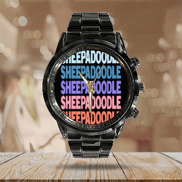 Discover Funny Modern Repeated Text Design Sheepadoodle Calendar Steel Band Watch