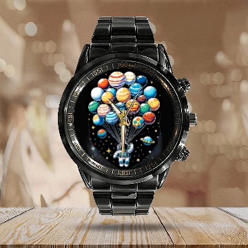 Discover Astronaut Holding Planet Balloons Space Moon Mars Planets 6 Calendar Steel Band Watch