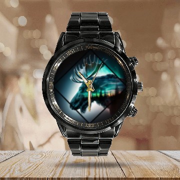 Discover Lacrosse Gift Majestic moose moonlight northern light scandinavia Baseball Tees Calendar Steel Band Watch