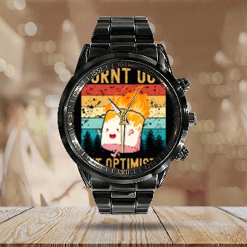Discover Burnt Out But Optimistic Cute Marshmallow Camping Vintage Zip Calendar Steel Band Watch