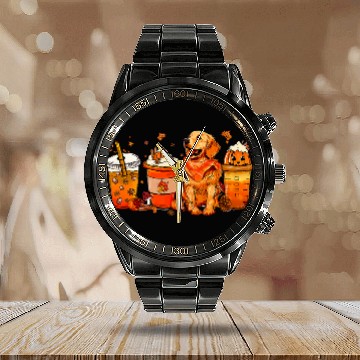 Discover Golden Retriever Fall Halloween Latte coffee cups Hello Fall Calendar Steel Band Watch