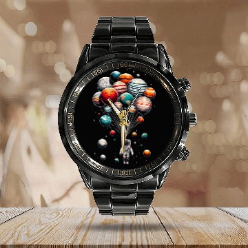 Discover Astronaut Holding Planet Balloons Space Moon Mars Planets 2 Calendar Steel Band Watch